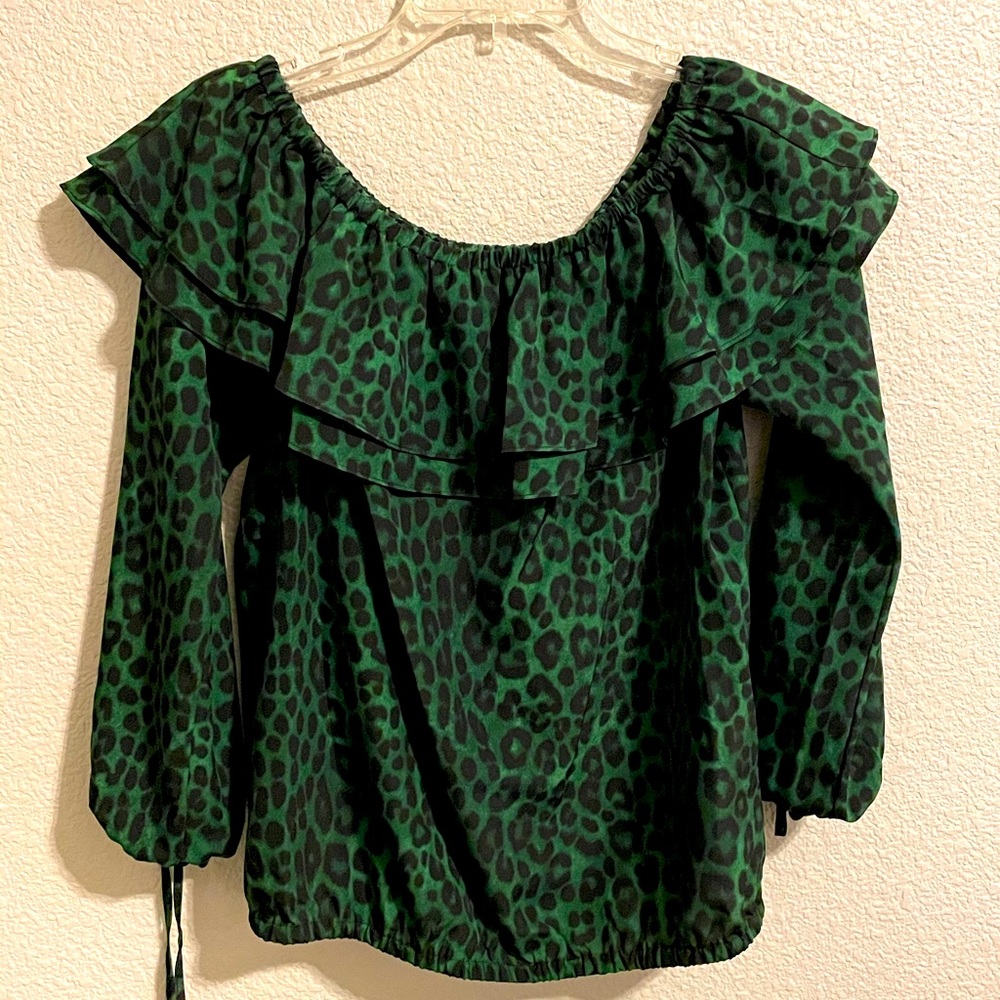 Michael kors ruffle animal print green top